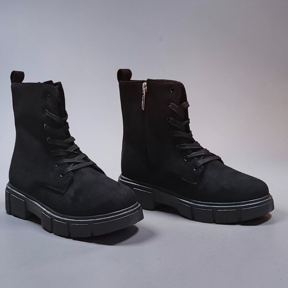 Black Chunky Platform Lace-Up Ankle Boots With Side Zipper Faux Suede Material W
